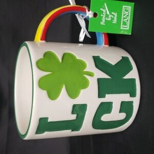 Lang NWT "LUCK" Handpainted Ceramic Mug with Four Leaf Clover
